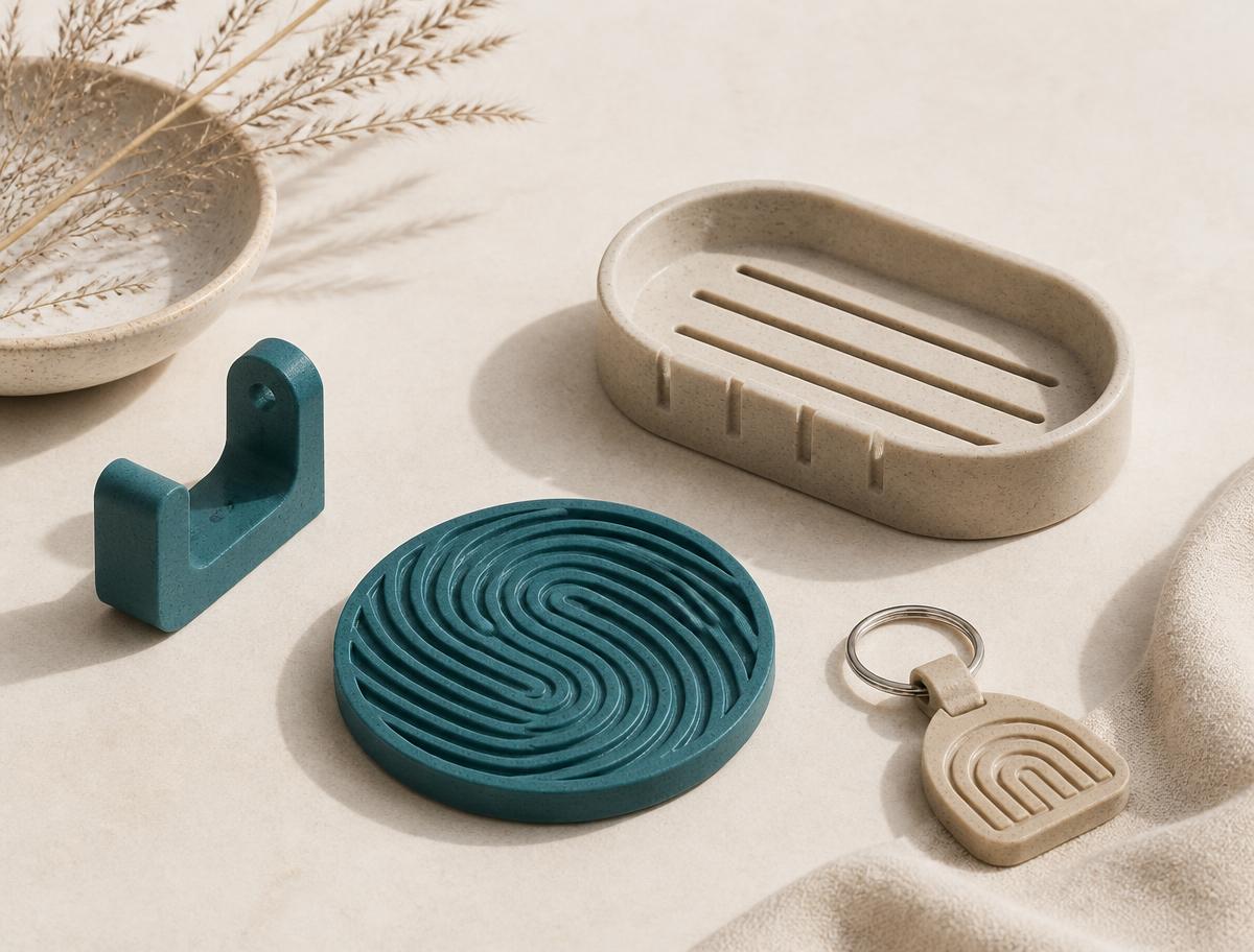 Small 3D-printed objects in teal and sand coloured recycled plastic