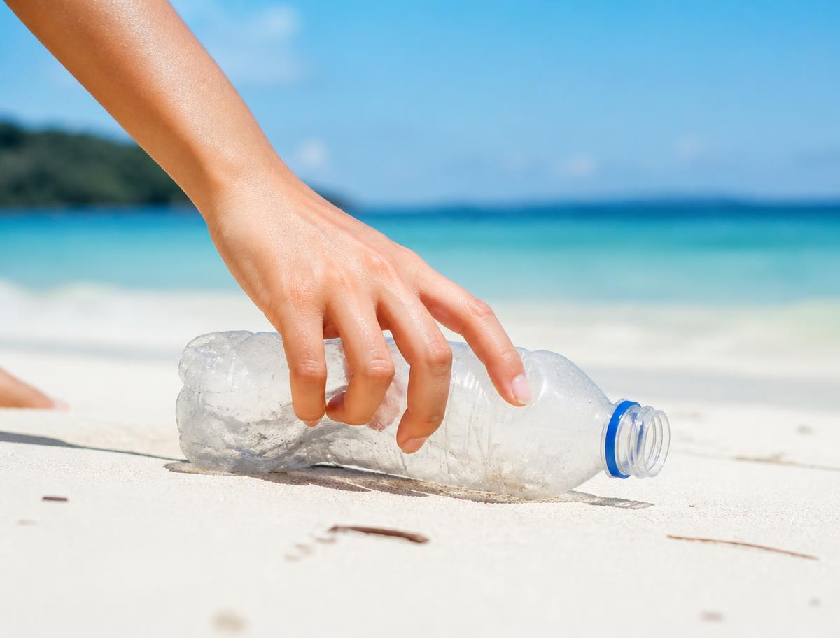 A hand picking up a plastic bottle from the sand